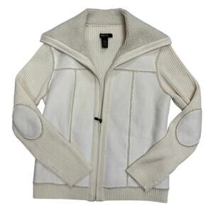 Cream Fleece‑Lined Knit Sleeve Zip Jacket 🤍 Cozy Neutral Layering 💛 Size L